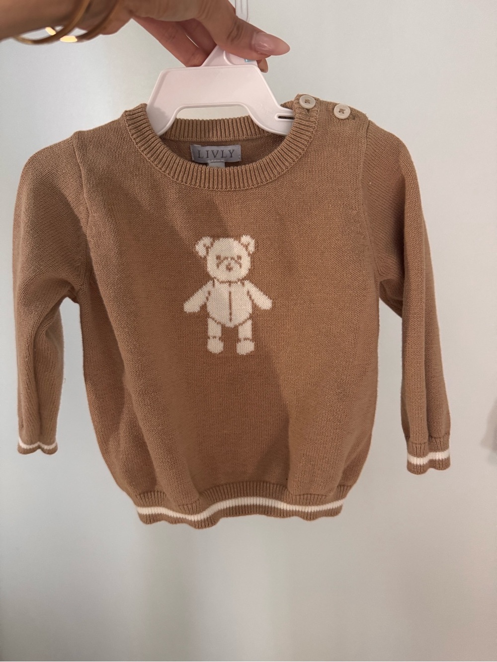 Lively Tan Knit Sweater with Cream Teddy Motif